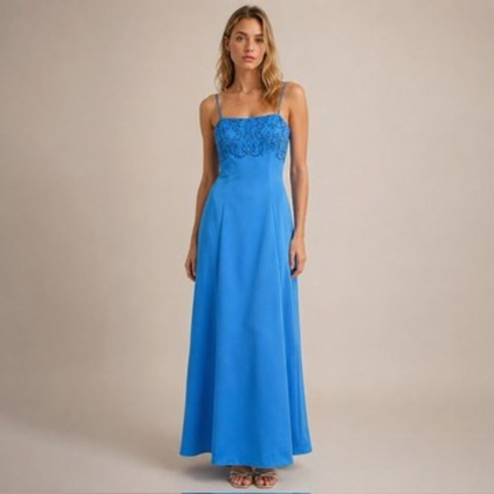 Vintage Y2K Blue Satin Glitter Midi Dress Jump Fairycore Womens S Prom